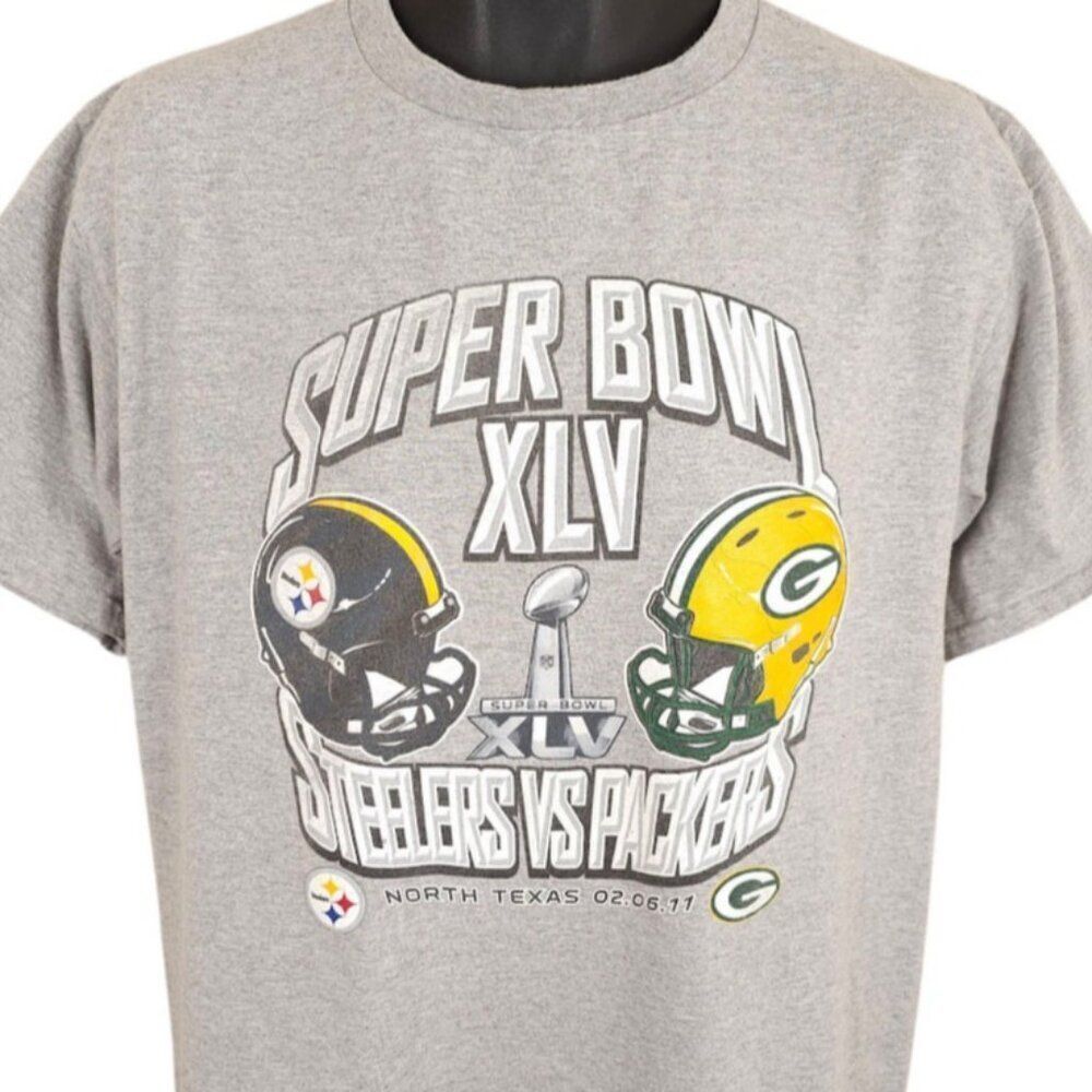 Super Bowl XLV T Shirt Mens Size Medium Gray Green Bay Packers Vs Steelers NFL